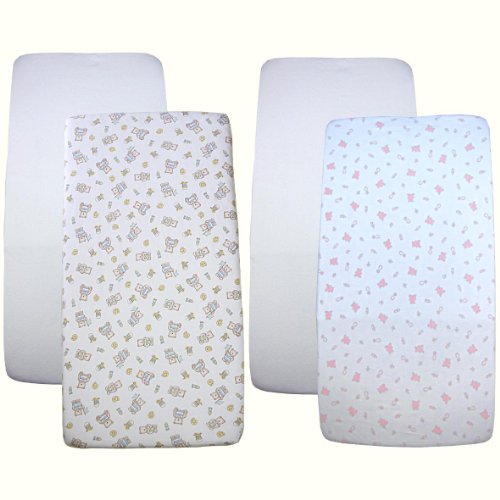 Pack of 2 Fitted Cradle / Stroller Sheets 100% Cotton - 1 White & 1 Pink or Blue Teddy Design (BLUE) image