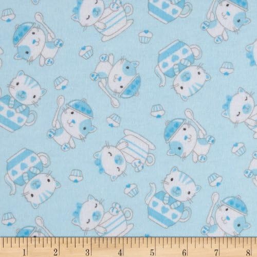 Cat Fabric FLANNEL - Cats in Teacups - Blue - 100% Cotton Flannel - By The Yard