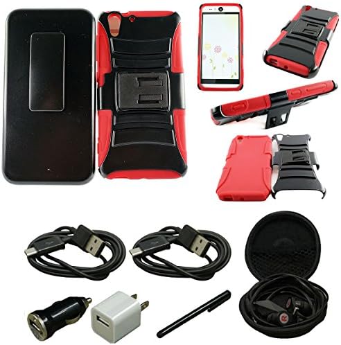Mstechcorp - ZTE ZMAX Z970 (T-Mobile) - Hard Soft Dual Layer Hybrid Armor Shell Holster Kickstand Combo Case with Locking Belt Swivel Clip Case Cover for ZTE ZMAX Z970 + [Hands Free Earphone With Carrying Case] + [Touch Screen Stylus] + [Car Charger Data Cable] + [Wall Charger Data Cable] (H RED)