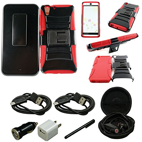 Mstechcorp - ZTE ZMAX Z970 (T-Mobile) - Hard Soft Dual Layer Hybrid Armor Shell Holster Kickstand Combo Case with Locking Belt Swivel Clip Case Cover for ZTE ZMAX Z970 + [Hands Free Earphone With Carrying Case] + [Touch Screen Stylus] + [Car Charger Data Cable] + [Wall Charger Data Cable] (H RED)