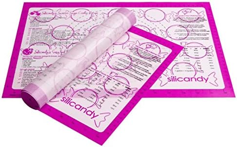 NonStick Silicone Baking Mats - 2 pc Set - Silicandy Rectangular Mats with Fiberglass are Great for Cooking with Kids - Kitchen Tool - Measurements, Recipes &amp; More Printed Directly Mat! [Pink]