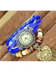KANO BAK(TM) Dark blue Color Vintage Bronze Cut lovely Heart Pattern Quartz Fashion Retro Wrap Around Weave Leather Bracelet WristWatch Wristband Gift Watch