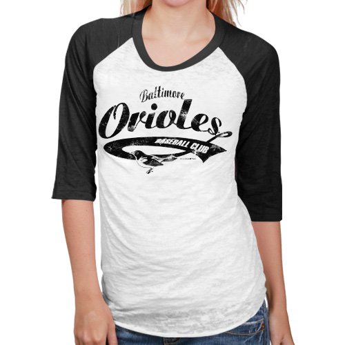 Baltimore Orioles Ladies White-Black Burnout Raglan Three-Quarter Length Sleeve T-shirt (Large)