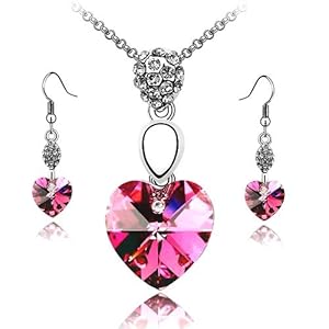 Swarovski Crystal Heart Pendant Necklace and Earring Set Dark Pink