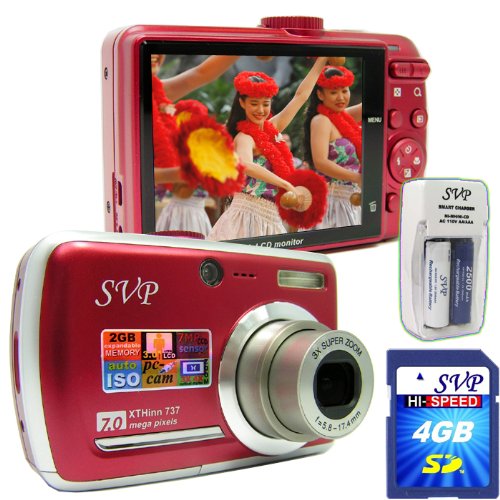 SVP Xthinn-737 Red 7MP 3x Optical zoom 3-inch LCD Digital Camera + FREE 4GB High Speed SD Memory Card & AA Rechargeable Set