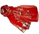 silkNOW Red 100% Pure Silk Chiffon Georgette Scarf in Silver Floral Jacquard Weave