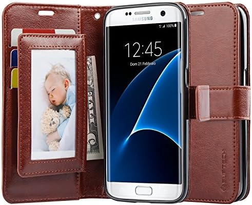 SUPTECH Galaxy S7 Edge Case [Stand View][Detachable Wrist Strap] Samsung S7 Edge Wallet Case with 5 Card Holders Flip Cover for Samsung S7 Edge (Brown)