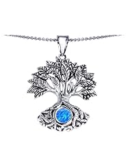 Celtic Love by Kelly Tree Of Life Good Luck Pendant With 7mm Round Created Blue Opal in 925 Sterling Silver