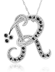 14k White Gold Alphabet Initial Letter R Black Diamond Pendant Necklace-0.14 carat