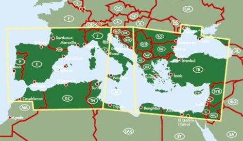 Mittelmeer-Kreuzfahrten / Mediterranean cruises 1 : 2 000 000. Autokarte. Klimatabellen. Fähren. Entfernungen in km. Häfen