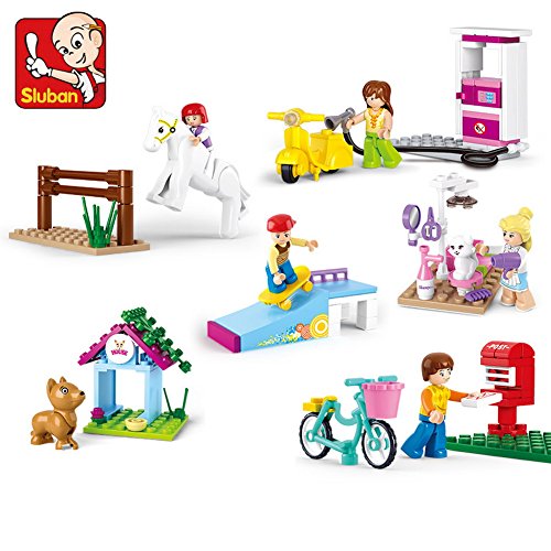 Sluban 6set Building Block Girl's Dream of Skateboard Dog House Pet Beauty Salon Mailbox Horse Gas Station B0512-18 150pcs 6dolls