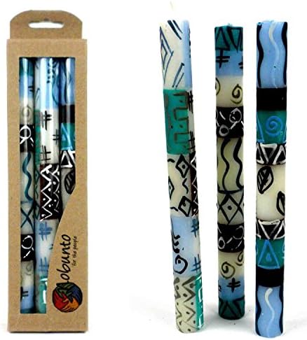 Happy Diwali Diya Candles Lantern Gifts - Diwali Lights &amp; Decoration Presents Items - Set of 3 Boxed Hand Painted Taper Candles With Maji Design - Wax Material - Handmade - Blue, Brown, White