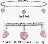14 Karat White Gold 9 Flat Gucci Style 3 Pink Stone Heart Charm Anklet