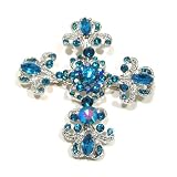 Blue Austrian Rhinestone Silver-Tone Cross Brooch Pin / Pendant (Dual Function)