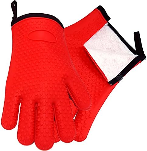 AMAZINGLY COMFORTABLE! NEW ADDED COTTON LINING Comfort Fit! Silicone Grilling Gloves/Handles Extreme Heat/Comfortable As Oven Mitts/Silicone BBQ Gloves/Use As BBQ Gloves Or Grill Gloves/Waterproof