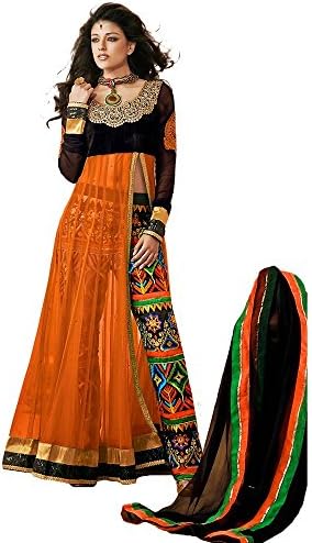 Ninecolours Women's Net and Velvet Semi Stitched Salwar Kameez In Orange Colour