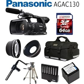 Panasonic AG-AC130 AVCCAM HD Hand-Held Camcorder + Que Audio 210 Video Shotgun Microphone Kit + Rode VXLR Minijack + Panasonic Spare VW-VBG6 Battery Pack + 64GB Card + 0.45X Wide Angle Lens + 2x Telephoto Lens + Case + Tripod + Led Light + Travel charger + UV + CPL FILTER