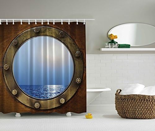 Ship Porthole Digital Graphic Print Shower Curtain Set Non Vinyl Bath Tub Liner Waterproof Fabric Mildew Resistant Material Hooks Included Nautical Ocean Sea Boat Window Theme