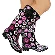 New Black Wide Calf Flower Festival Wellies Wellington Boots Sz 3-8