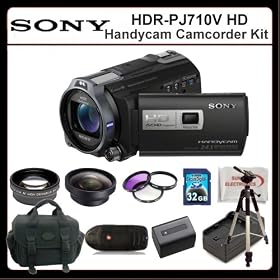 Sony HDR-PJ710V Camcorder Kit Includes:Sony HDR-PJ710V High Definition Handycam Camcorder (Black), 2X Telephoto Lens, 0.45X Wide Angle Lens, 3 Piece Filter Kit(UV-CPL-FLD), Extended Life Battery, Rapid Travel Charger, 32GB Memory Card, Memory Card Reader, 72 Tripod, Large Carrying Case & SSE Microf