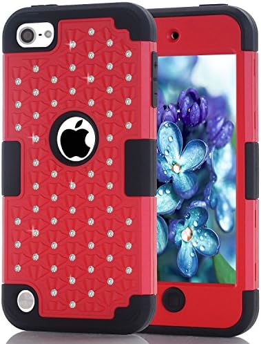 iPod Touch 5 Touch 6 Case,Durable 3in1 PC+Silicone Design Bumper Slim Crystal Bling Hybrid Armor Case fit for iPod Touch 5 Touch 6 Generation (Red/Black)