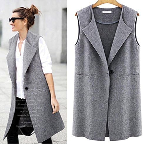 Women's Lapel Sleeveless Long Waistcoat Vest One Button (X-Large, Gray)