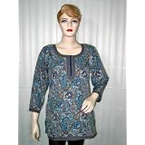 Womens Wear Trendy Boho Teal Printed Crepe Easy Wear Indian Kurti Tunic Top L
