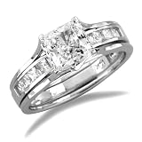14k White Gold Prong Set Princess with Round CZ Cubic Zirconia Bridal Wedding Band Engagement Solitaire Ring 2 Two Ring Set 1.75ct
