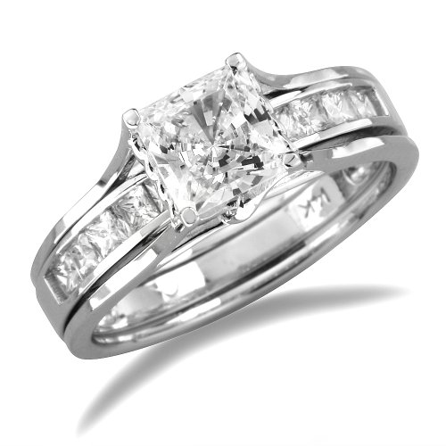 14k White Gold Prong Set Princess with Round CZ Cubic Zirconia Bridal Wedding Band Engagement Solitaire Ring 2 Two Ring Set 1.75ct
