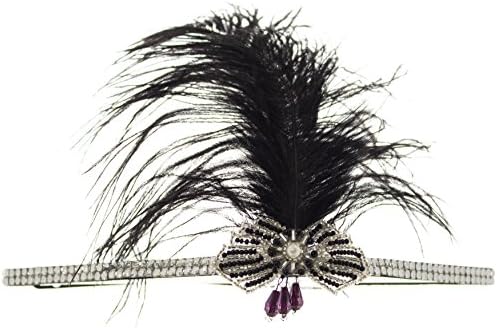 Beaded Applique, Plume Feather on Rhinestone Headband Silver/black