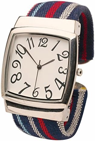 Women's Blue And Red Striped Cuff Watch Bracelet