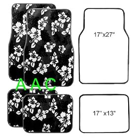 A Set of 4 Universal Fit Hawaii Hibiscus Carpet Floor Mats for Cars / Truck - Charcoal Black