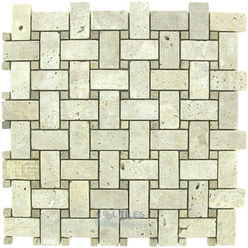 Basketweave light travertine with small dark travertine motifs tumbled