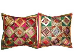 2 Pink Green Tribal India Vintage Sari Toss Pillow Cushion Covers