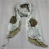 Cotton Lace Stitching Embroider Decorative Flowers Long Scarf Shawl - Tan