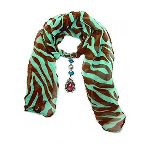 Lightweight Scarf (Turquoise Zebra with an Amber Teardrop Closure Replete with Blue and Gold Beads)