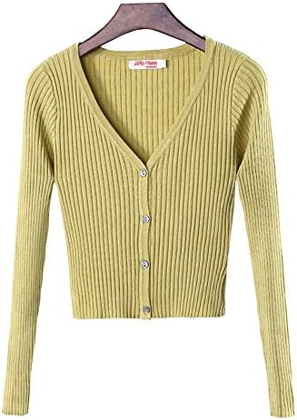 LATIKA Women's Rib Short V-Neck Button Down Slim High Waist Knit Cardigan Sweater(ginger yellow)