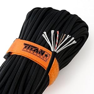 TITAN SurvivorCord / Parachute Cord, Black, 100 Foot Hank | Military 550 Paracord + Fishing Line + Waxed Jute + Conductive Wire. Exclusive Patent-Pending Design.