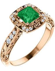 14K Rose Gold 5.00x5.00mm Princess Cut Chatham Created Emerald and Diamond Ring -- LIFETIME WARRANTY