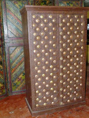 Old Door Brass Armoire Rustic Hand Carved Indian Furniture Cabinet 60x30