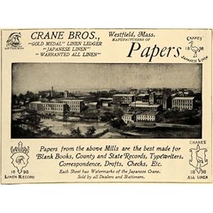 1907 Ad Crane Bros. Japanese Linen Mill Paper Westfield - Original Print Ad