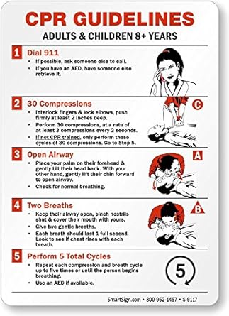 CPR Guidelines Adults &amp; Children 8+ Years - 1) Dial 911, 2), Adhesive ...