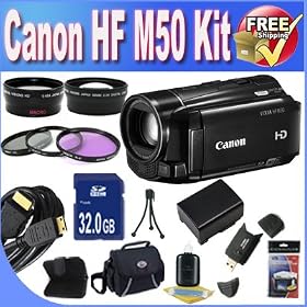 Canon VIXIA HF M50 Full HD 10x Image Stabilized Camcorder + Extended Life Battery + 32GB SDHC Class 10 Memory Card + USB Card Reader + Memory Card Wallet + Deluxe Case w/Strap + Mini HDMI to HDMI Cable + 3 Piece Professional Filter Kit + Super Wide Angle Lens + 2x Telephoto Lens + Accessory Saver Bu