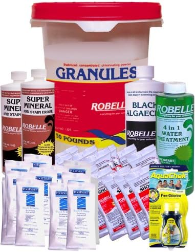 Robelle Granular Chlorine, Clarifier, Super Mineral, Algaecide, Shock, Test Strips Swimming Pool Chemical Kit For Pools Up To 30,000 Gallons