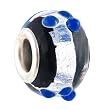 Pandora Style Charm Bead (Z181) Murano Style Lampwork Glass (14mm x 10mm) (fits Troll too) ~ Black with Silver Metallic Strip and Blue Dots