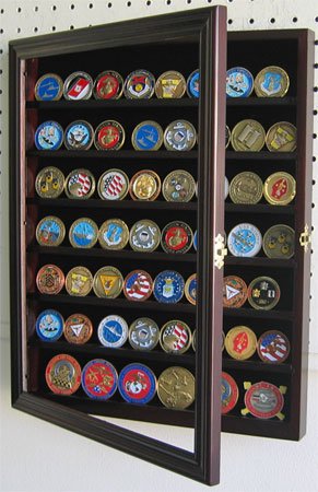 56 Military Challenge Coin Display Case Cabinet Rack Holder Stand Box, with door - Mahogany Finish