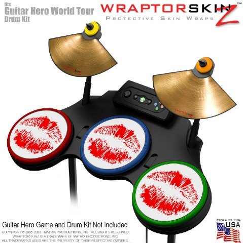 Big Kiss Red on White Skin by WraptorSkinz fits Guitar Hero 4 World Tour Drum Set for Nintendo Wii, XBOX 360, PS2 & PS3 (DRUMS NOT INCLUDED)