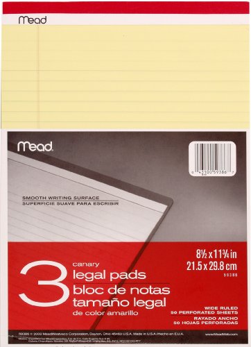 Mead Canary Legal Pads, 8.5 X 11.75 Inches, 3 Pack, 50 Sheets (59386)