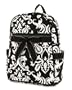 BELVAH Medium Quilted Damask Print Backpack - Black & White, (11 x 13 x 5)