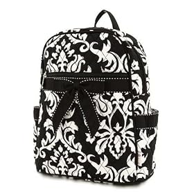BELVAH Medium Quilted Damask Print Backpack - Black & White, (11 x 13 x 5)